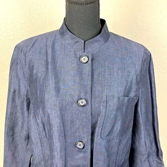 Lafayette 148 Linen/Wool Blazer Mandarin Collar Navy Blue Button Jacket 10 - Picture 3 of 8